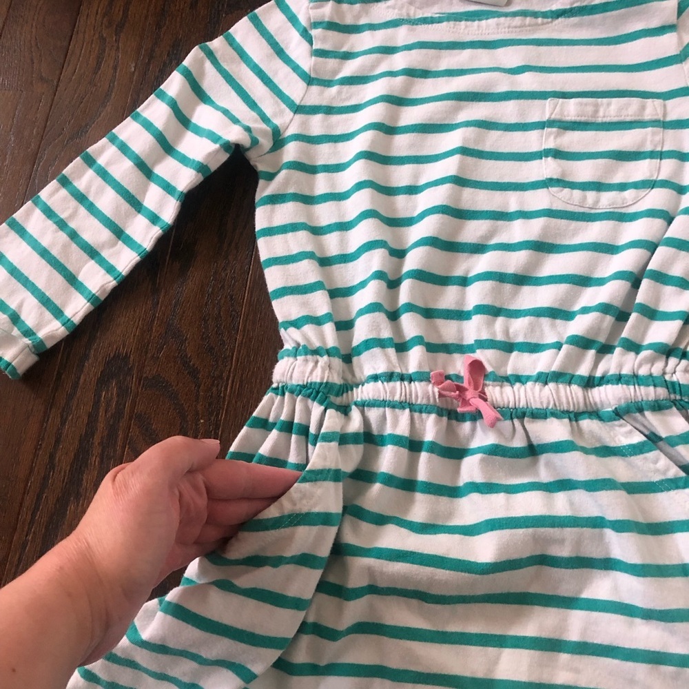 Mini Boden Girls 7-8Y Teal Blue/Off-White 3/4 Sleeved Pockets Casual Dress - Picture 3 of 9